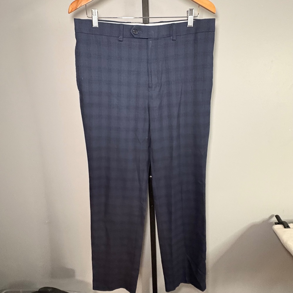 Ralph Lauren Navy Blue Plaid Dress‎ Pants Mens Flat Trousers Straight Leg